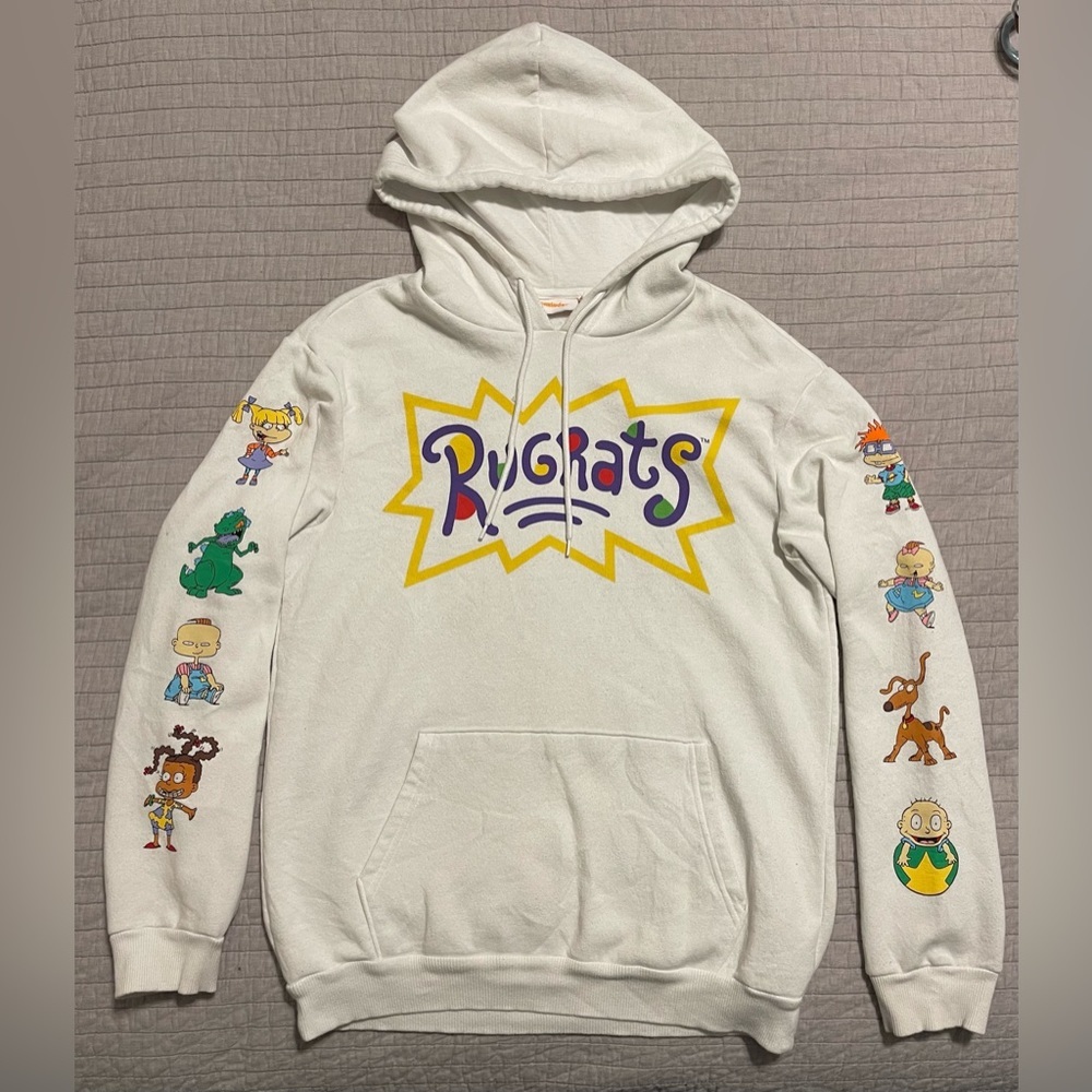 Rugrats White Hoodie Sweatshirt w/Characters on Sleeve Men’s Size Small